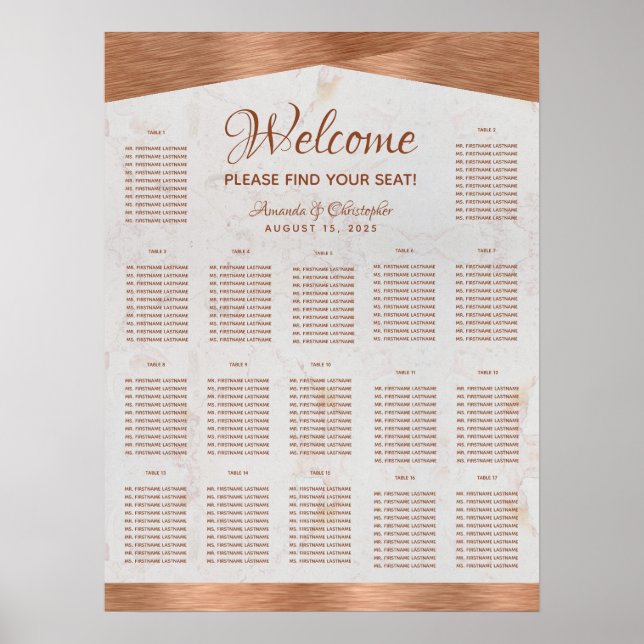 17 Table Seating Chart Marble Copper Wedding (Front)