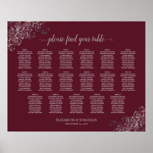 17 Table Silver on Burgundy Wedding Seating Chart