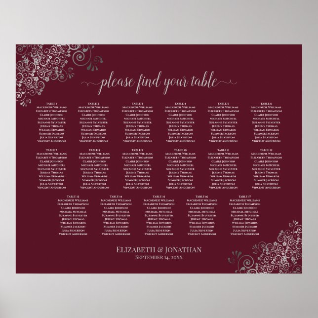 17 Table Silver on Burgundy Wedding Seating Chart (Front)
