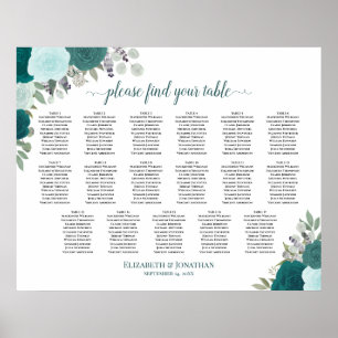17 Table Teal Boho Floral Wedding Seating Chart