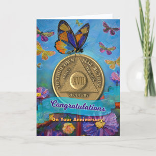 17 Year AA Anniversary Coin Butterflies Flowers Card