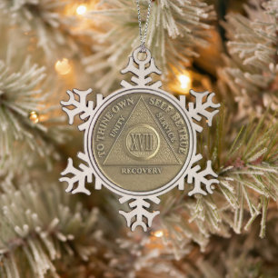 17 Year Sober Anniversary Medallion Snowflake Pewter Christmas Ornament