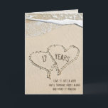 17th Anniversary Beach Hearts Card<br><div class="desc">Pair of hearts in beach sand with white frothy ocean surf for 17th wedding anniversary.
Anniversary years can be edited.
Text can be changed or deleted.</div>