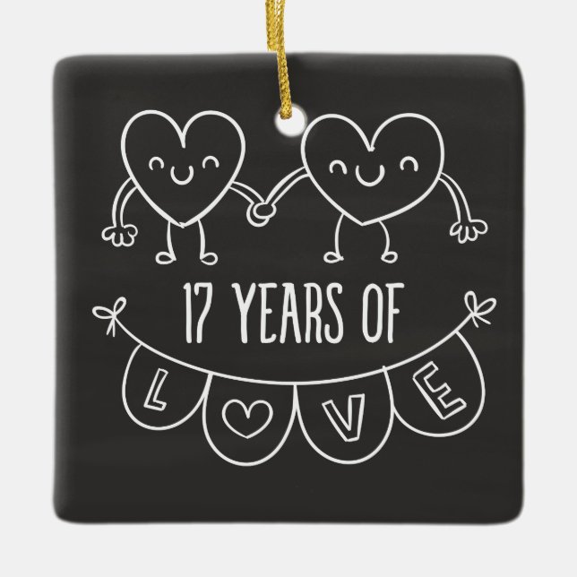 17th Anniversary Gift Chalk Hearts Ceramic Tree Decoration (Front)