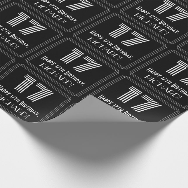 17th Birthday: Art Deco Inspired Look "17" w/ Name Wrapping Paper (Corner)