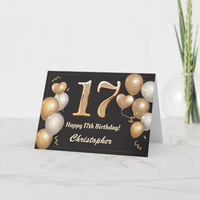 17th Birthday Black and Gold Balloons Birthday Card (Front)