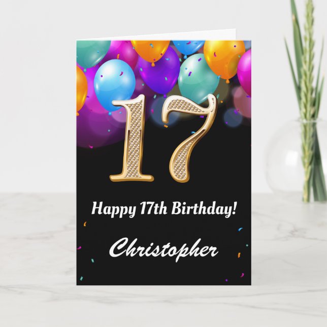 17th Birthday Black and Gold Colourful Balloons Card (Front)