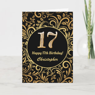 17th Birthday Black and Gold Floral Pattern Card