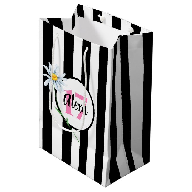 17th Birthday Black And White Stripes Medium Gift Bag (Front Angled)