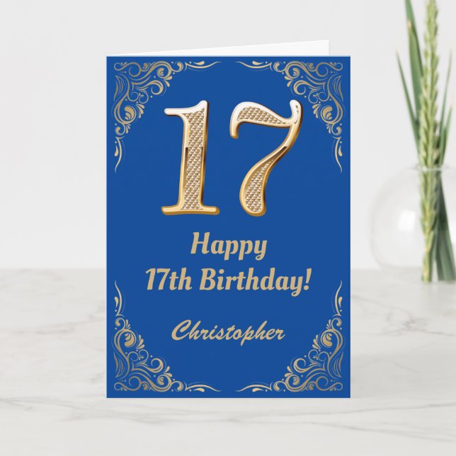 17th Birthday Blue and Gold Glitter Frame Card (Front)