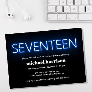 17th Birthday Blue Neon Lights Party Invitation