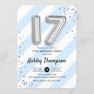 17th Birthday - Blue Stripes and Silver Balloons Invitation