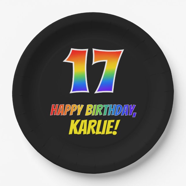 17th Birthday: Bold, Fun, Simple, Rainbow 17 Paper Plate (Front)
