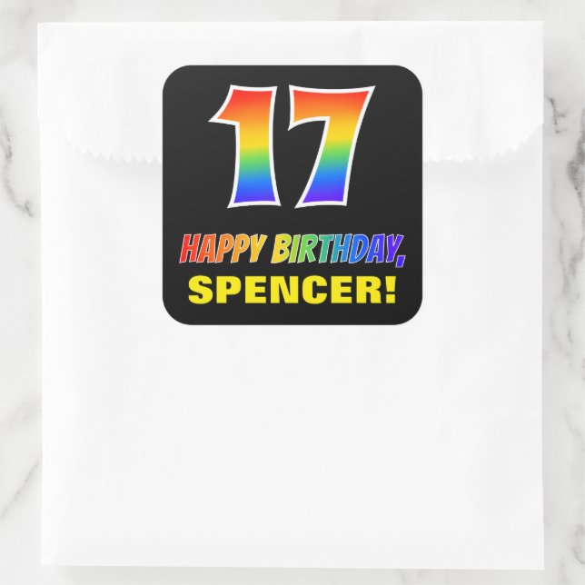 17th Birthday: Bold, Fun, Simple, Rainbow 17 Square Sticker (Bag)