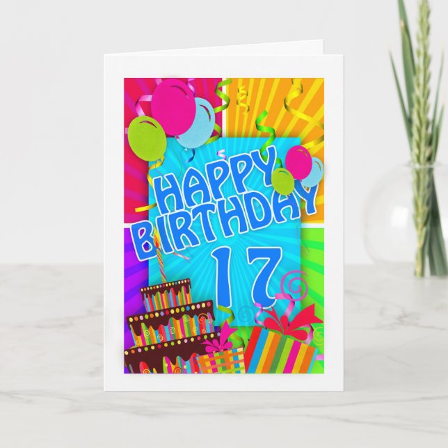 17th birthday card bright and colourful - cake and (Front)