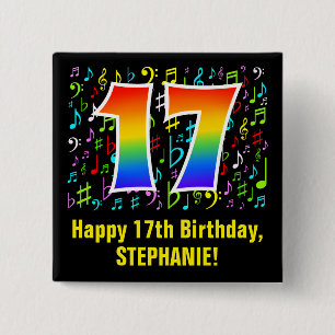 17th Birthday: Colorful Music Symbols, Rainbow 17 15 Cm Square Badge