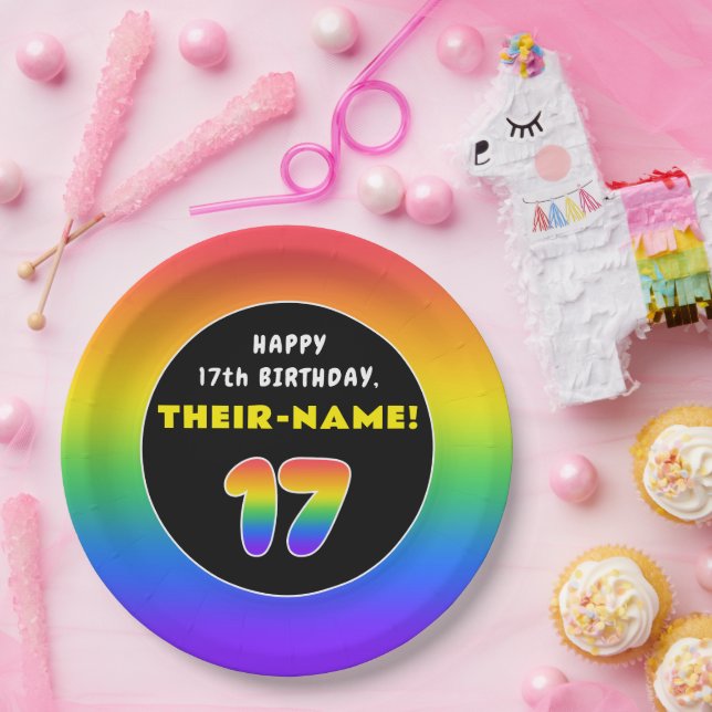 17th Birthday: Colorful Rainbow # 17, Custom Name Paper Plate (Party)