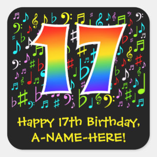 17th Birthday: Colourful Music Symbols, Rainbow 17 Square Sticker