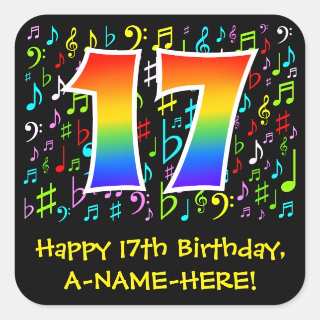 17th Birthday: Colourful Music Symbols, Rainbow 17 Square Sticker (Front)