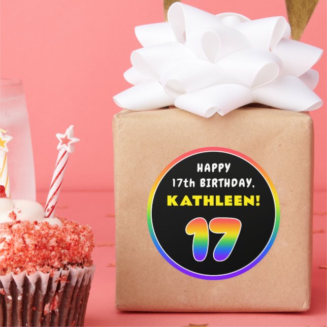 17th Birthday: Colourful Rainbow # 17, Custom Name Classic Round Sticker (Party)