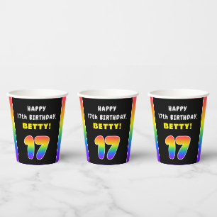 17th Birthday: Colourful Rainbow # 17, Custom Name Paper Cups