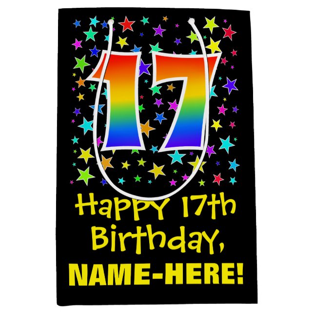 17th Birthday: Colourful Stars Pattern & Rainbow 1 Medium Gift Bag (Front)