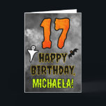 17th Birthday: Eerie Halloween Theme   Custom Name Card<br><div class="desc">The front of this spooky and scary Halloween themed birthday greeting card design features a large number “17”, along with the message “HAPPY BIRTHDAY, ”, and a customisable name. There are also depictions of a bat and a ghost on the front. The inside features a custom birthday greeting message, or...</div>