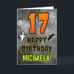 17th Birthday: Eerie Halloween Theme   Custom Name Card<br><div class="desc">The front of this spooky and scary Halloween themed birthday greeting card design features a large number “17”, along with the message “HAPPY BIRTHDAY, ”, and a customisable name. There are also depictions of a bat and a ghost on the front. The inside features a custom birthday greeting message, or...</div>