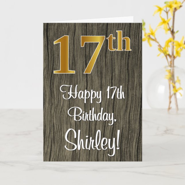 17th Birthday: Elegant Faux Gold Look #, Faux Wood Card (Yellow Flower)