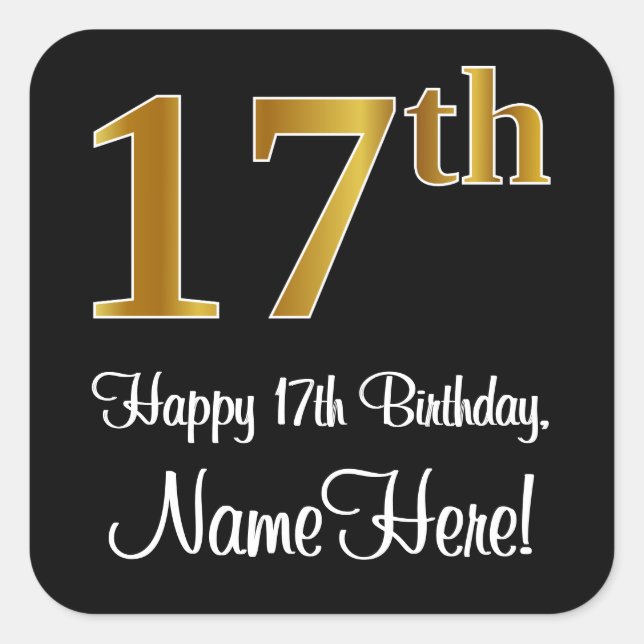 17th Birthday – Elegant Luxurious Faux Gold Look # Square Sticker (Front)