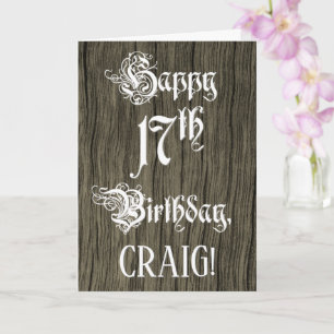 17th Birthday: Fancy, Elegant Text; Faux Wood Look Card