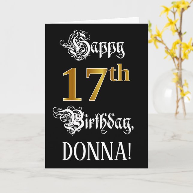 17th Birthday — Fancy Script; Faux Gold Look; Name Card (Yellow Flower)