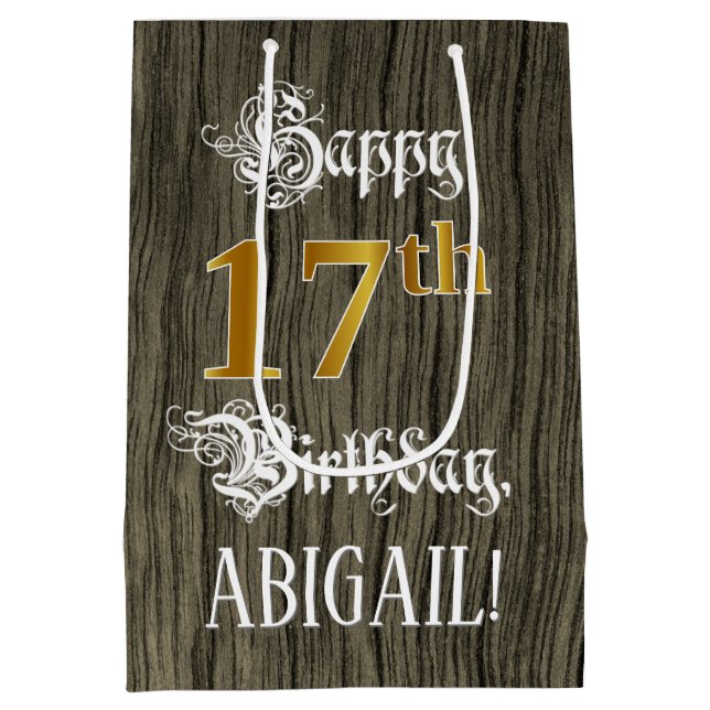 17th Birthday: Faux Gold Look & Faux Wood Pattern Medium Gift Bag (Back)