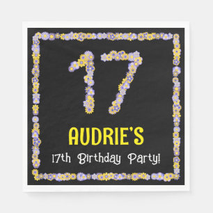 17th Birthday: Floral Flowers Number, Custom Name Napkin