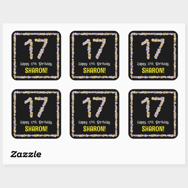 17th Birthday: Floral Flowers Number, Custom Name Square Sticker (Sheet)