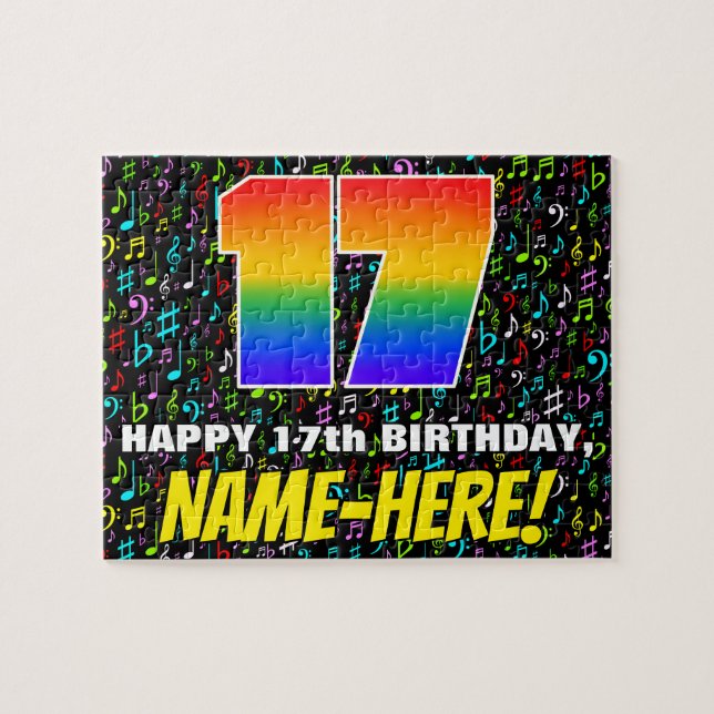 17th Birthday — Fun, Colourful Music Symbols & “17 Jigsaw Puzzle (Horizontal)
