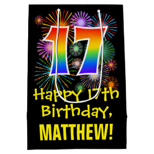 17th Birthday: Fun Fireworks Pattern + Rainbow 17 Medium Gift Bag