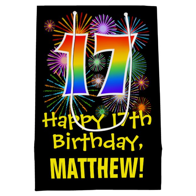 17th Birthday: Fun Fireworks Pattern + Rainbow 17 Medium Gift Bag (Back)
