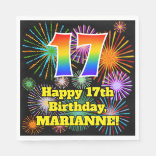 17th Birthday: Fun Fireworks Pattern + Rainbow 17 Napkin