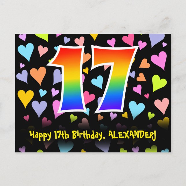 17th Birthday: Fun Hearts Pattern, Rainbow 17 Postcard (Front)