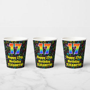 17th Birthday: Fun Music Notes Pattern, Rainbow 17 Paper Cups
