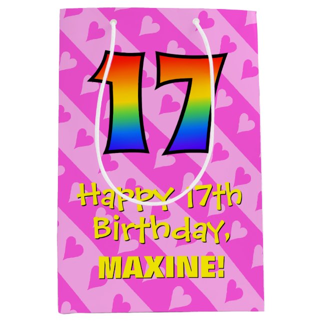 17th Birthday: Fun Pink Hearts Stripes; Rainbow 17 Medium Gift Bag (Front)