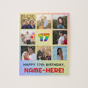 17th Birthday: Fun Rainbow #, Custom Name & Photos Jigsaw Puzzle
