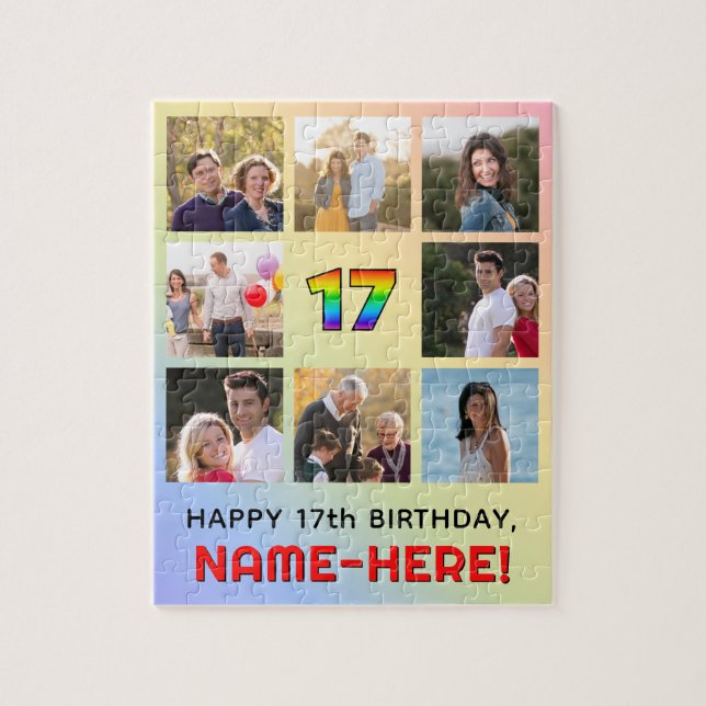17th Birthday: Fun Rainbow #, Custom Name & Photos Jigsaw Puzzle (Vertical)