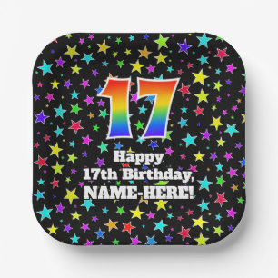 17th Birthday: Fun Stars Pattern and Rainbow “17” Paper Plate