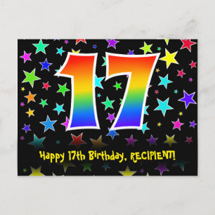 17th Birthday: Fun Stars Pattern, Rainbow 17, Name Postcard