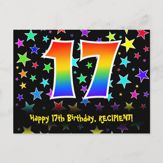 17th Birthday: Fun Stars Pattern, Rainbow 17, Name Postcard (Front)