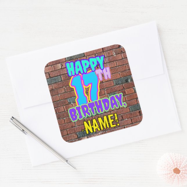 17th Birthday – Fun, Urban Graffiti Inspired Look Square Sticker (Envelope)