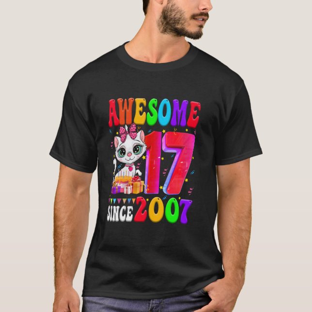17th Birthday Girl Party Cute cat 17 Years Old Awe T-Shirt (Front)