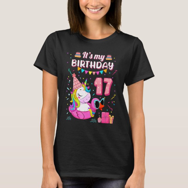 17th Birthday Girl Unicorn Duck Swimming Pool 17 Y T-Shirt (Front)